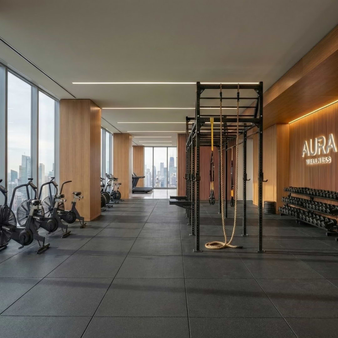 חדר כושר יוקרתי Aura Wellness בקומה גבוהה עם נוף פנורמי לעיר, כולל ציוד פונקציונלי, אופני אוויר ומשקולות.