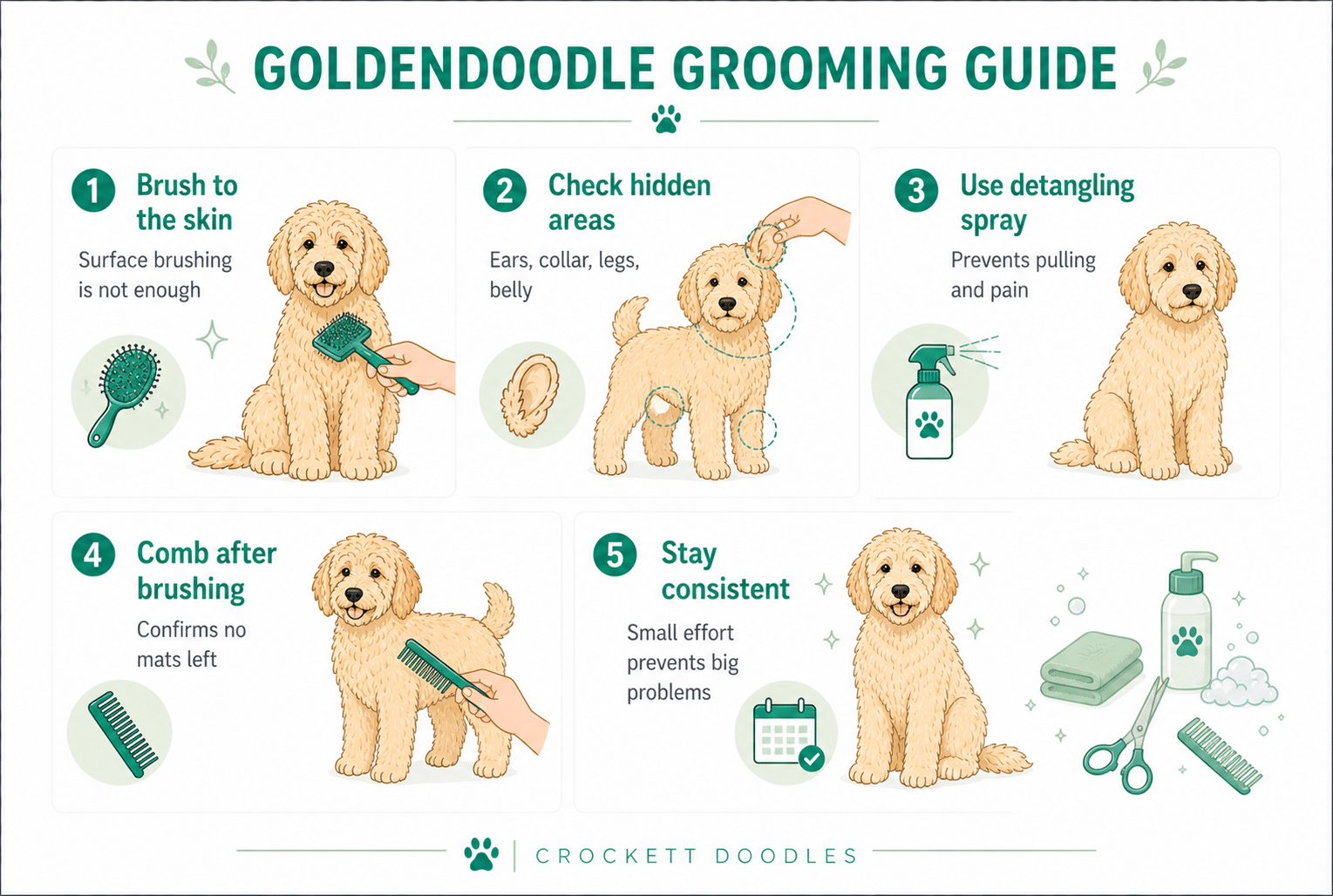 Goldendoodle grooming guide showing brushing and coat maintenance