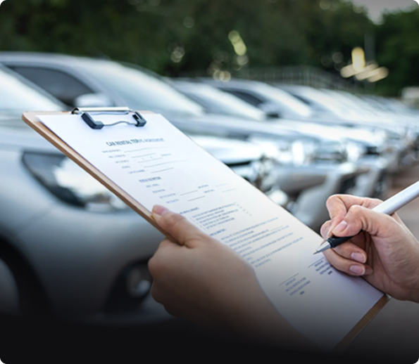 Hand holding a clipboard with a vehicle checklist in front of a commercial fleet